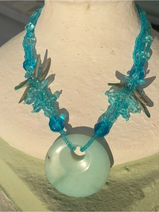 Vintage Larimar Stone Glass Shell Blue Beaded Statement Necklace & Earrings Set - Picture 6 of 8